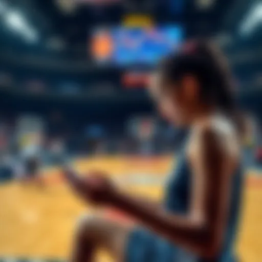 A basketball player analyzing statistics on a tablet with a basketball court in the background.