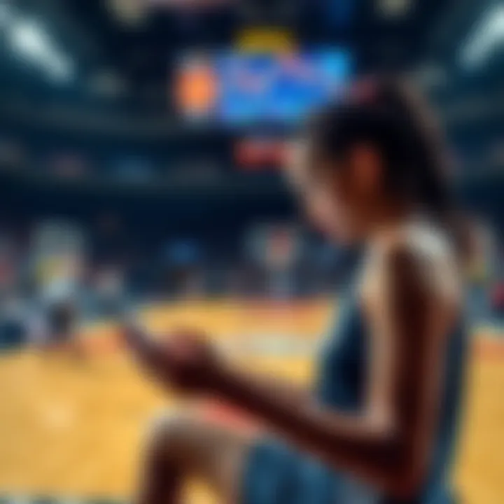 A basketball player analyzing statistics on a tablet with a basketball court in the background.
