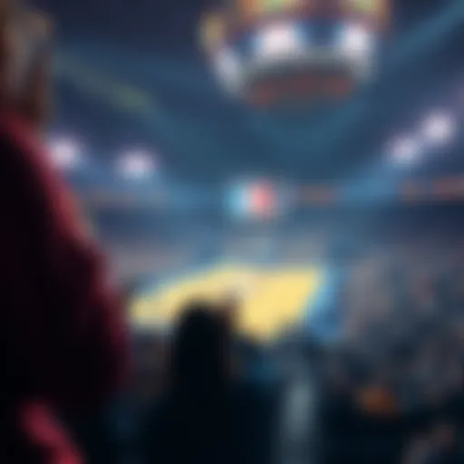 A view of a basketball game with odds displayed and fans in the stands cheering.