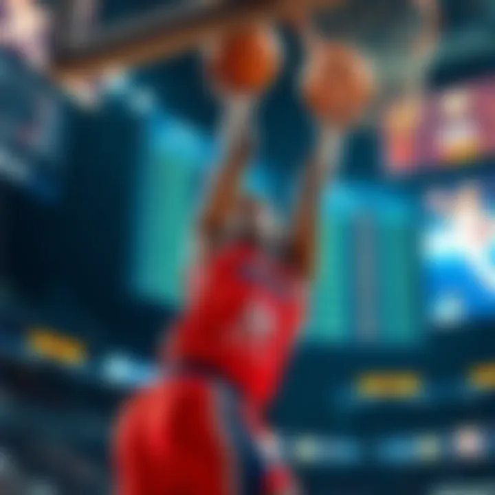 Basketball player making a shot with odds and betting graphics in the background