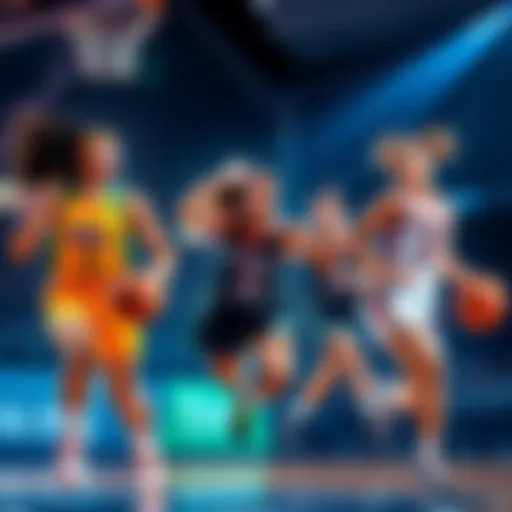 Basketball players in action during a WNBA game with betting odds displayed