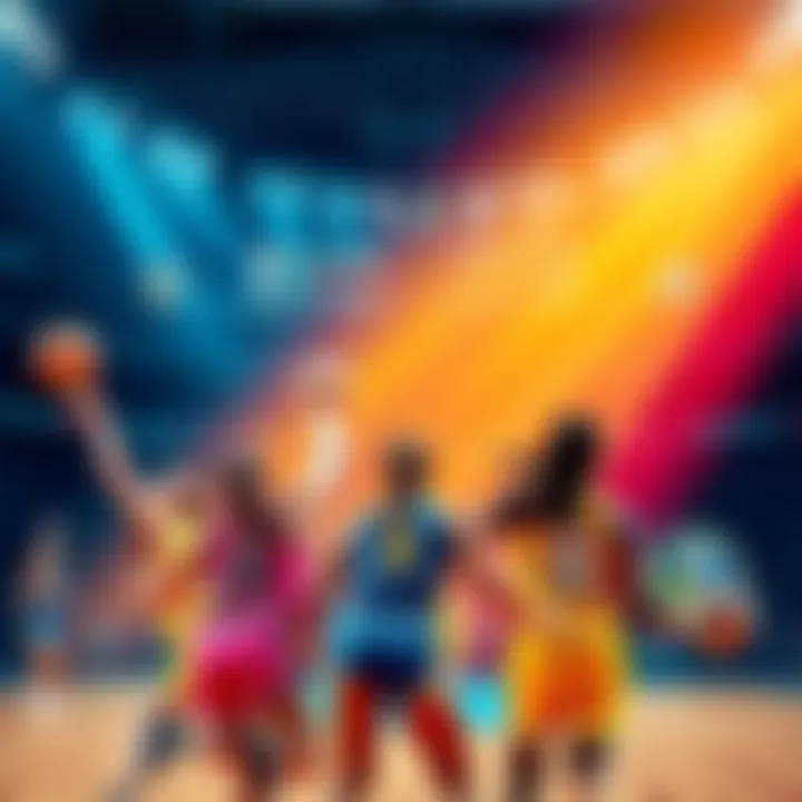 Basketball players in action during a WNBA game with a scoreboard in the background showing team logos and scores.