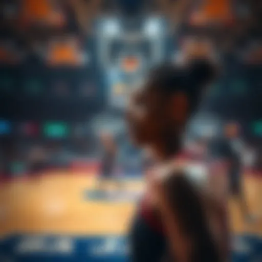 A WNBA player looking thoughtful, with a basketball court in the background, symbolizing the pressure and culture of betting in sports.