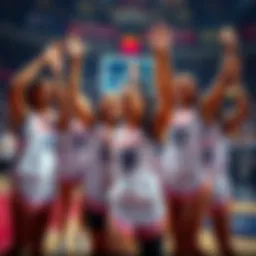 A group of WNBA players celebrating after a game, showcasing joy and excitement on the court.