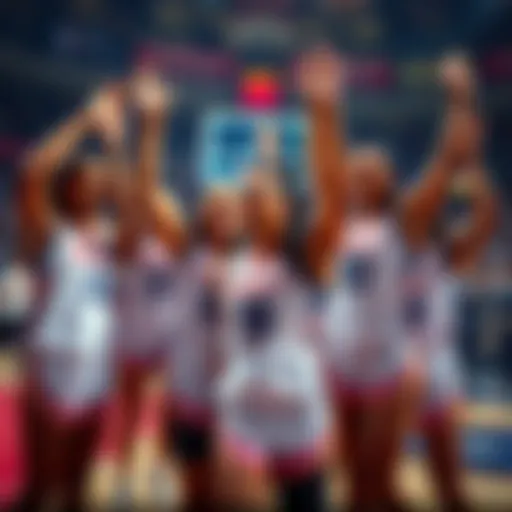 A group of WNBA players celebrating after a game, showcasing joy and excitement on the court.