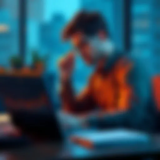 A man sitting at a desk, looking thoughtfully at a laptop with financial graphs on the screen, symbolizing investment choices.