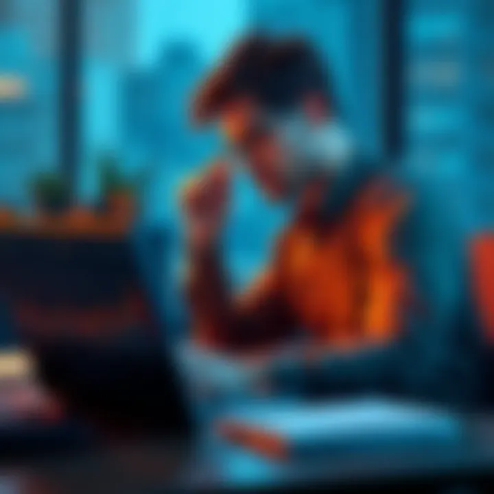 A man sitting at a desk, looking thoughtfully at a laptop with financial graphs on the screen, symbolizing investment choices.