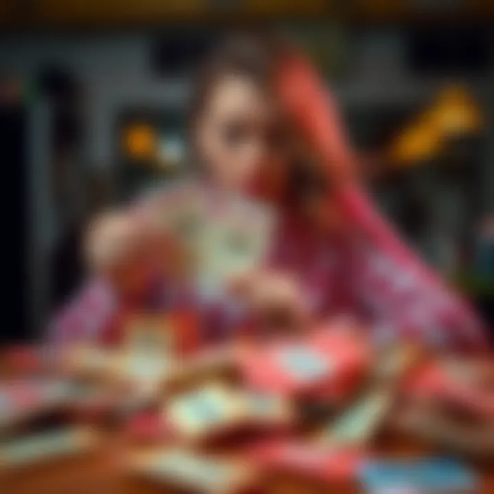 A woman holding scratch-off tickets looking upset after not winning any prizes, surrounded by discarded tickets on a table