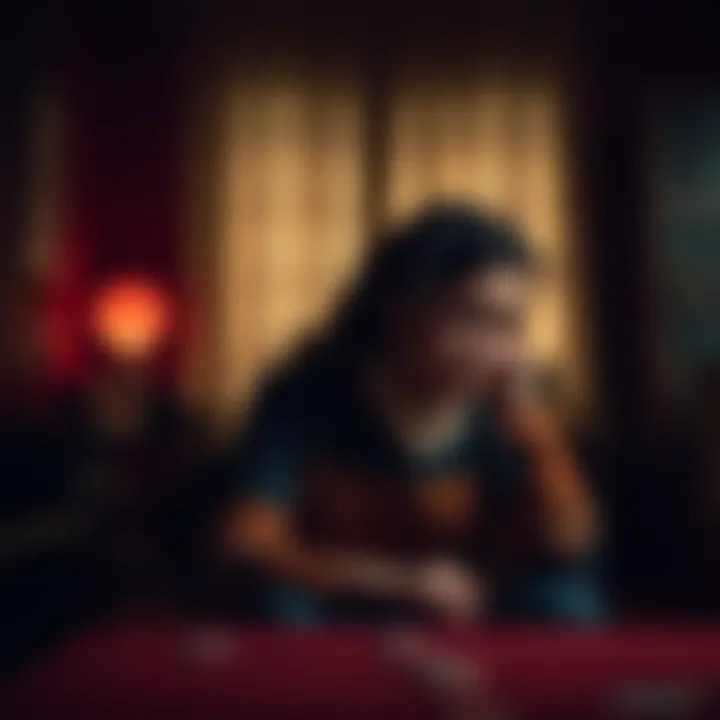 A worried woman sitting alone, holding her head in her hands, looking stressed in a dimly lit room