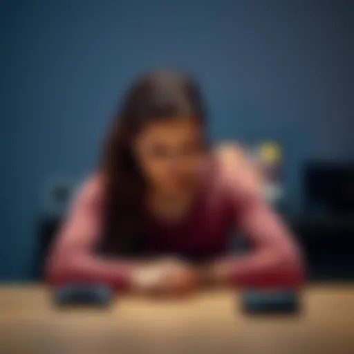 A woman sits alone at a table, looking worried, with a gaming console visible in the background, symbolizing her husband's gaming addiction and its impact on their marriage.