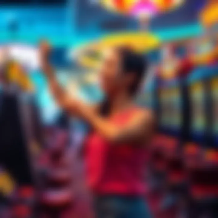 A woman celebrating her jackpot win at a Pennsylvania casino, surrounded by flashing lights and slot machines, while security approaches her.