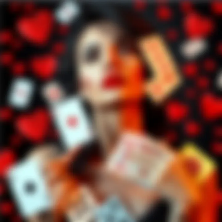 A woman with a playful and alluring expression, surrounded by playing cards and hearts, representing love and emotional risk.