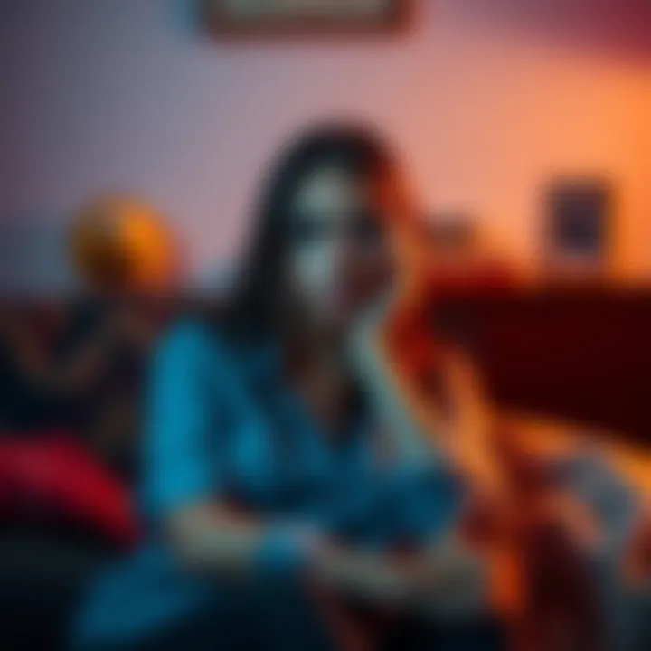 A woman looking distressed while sitting on a couch, contemplating financial issues after her husband's gambling addiction was revealed.