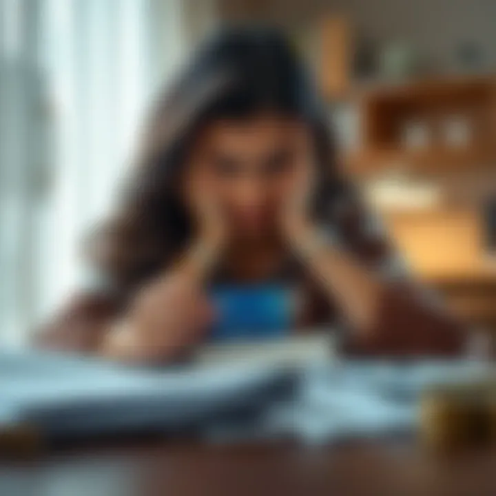A worried woman sitting at a table with bills and a credit card, looking overwhelmed
