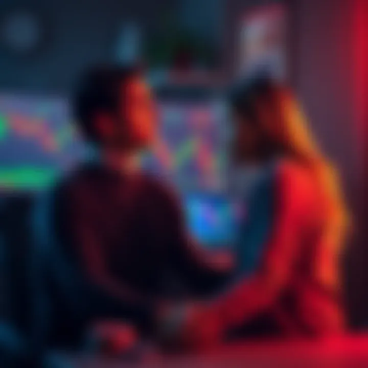 Woman supporting her husband A woman sits beside her husband, looking concerned as he stares at a computer screen showing gambling websites and cryptocurrency graphs. The atmosphere is tense, reflecting their struggle with gambli...