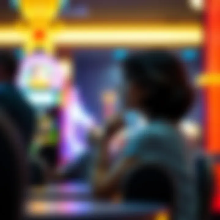 Woman pondering seat etiquette in a casino A woman sitting at a casino looks thoughtfully at an empty seat beside her while her boyfriend stands up.