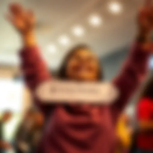 A joyful woman smiling and celebrating her lottery win of $55,000 with her arms raised in excitement.