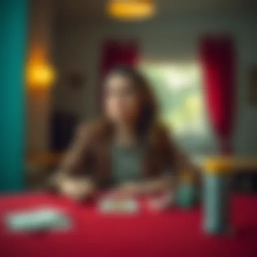 A woman sitting at a table looking worried, with bills and a gambling card in front of her, deep in thought about her husband's gambling problem.