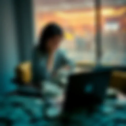 A woman sitting at a table covered with bills and a laptop, showing signs of stress and despair as she reflects on her gambling addiction.