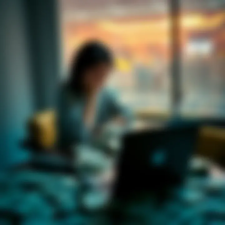 A woman sitting at a table covered with bills and a laptop, showing signs of stress and despair as she reflects on her gambling addiction.