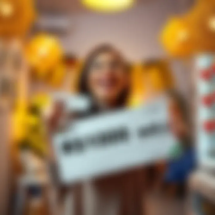 A woman smiling widely holds a lottery ticket and a large check for R$100 mil in a bright room, surrounded by festive decorations.