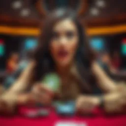 A woman at a poker table looking surprised while holding poker chips in her hand, with a strange expression on her face.