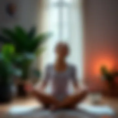 Woman practicing yoga A woman in a peaceful yoga pose, surrounded by calming elements like plants and soft lighting, symbolizing a healthy lifestyle choice instead of poker.