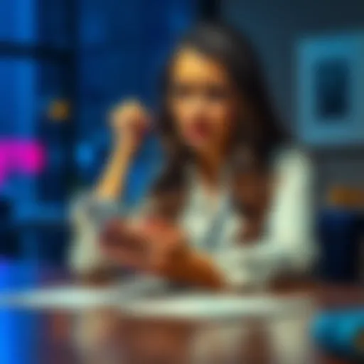 A woman looking distressed, holding her phone while sitting at a table, showing concern over financial issues.