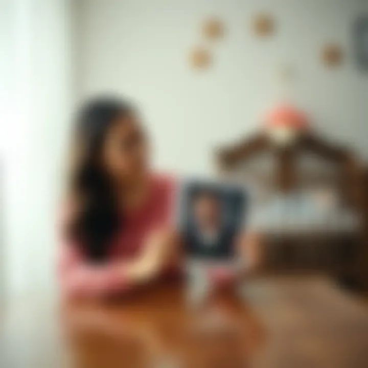 A woman sitting at a table, looking worried while holding a photo of her husband. In the background, a baby crib is visible, symbolizing their young daughter.