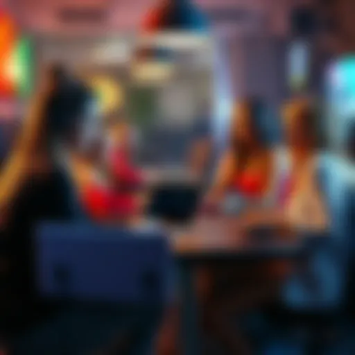 A group of women sitting around a table with laptops and gaming devices, sharing their favorite online games and strategies.