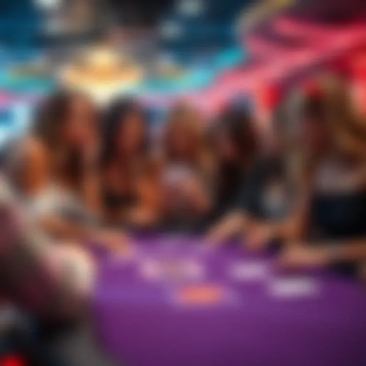 Group of women sitting at a casino table, engaged in playing cards and chatting, showing a mix of expressions from concentration to enjoyment.