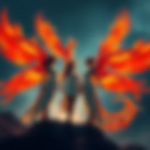 Powerful women standing tall with fiery wings, symbolizing strength and transformation.