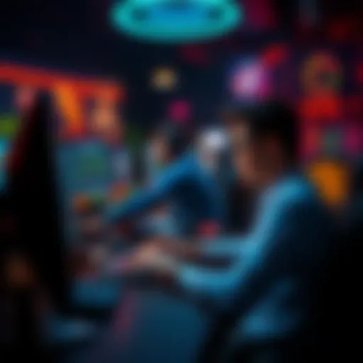 A person at a computer desk, engaged in online casino operations, surrounded by gaming graphics and charts.