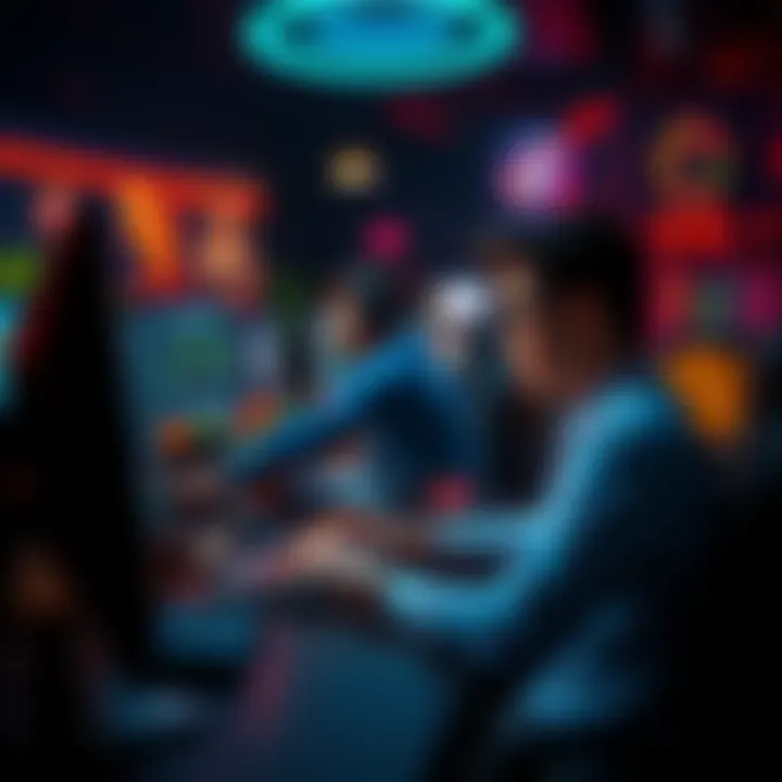 A person at a computer desk, engaged in online casino operations, surrounded by gaming graphics and charts.