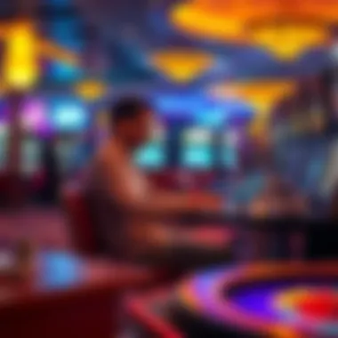 Working Remotely at a Casino A person sitting at a small desk in a casino, on a video call with a laptop, surrounded by slot machines and gaming tables, enjoying the lively atmosphere.