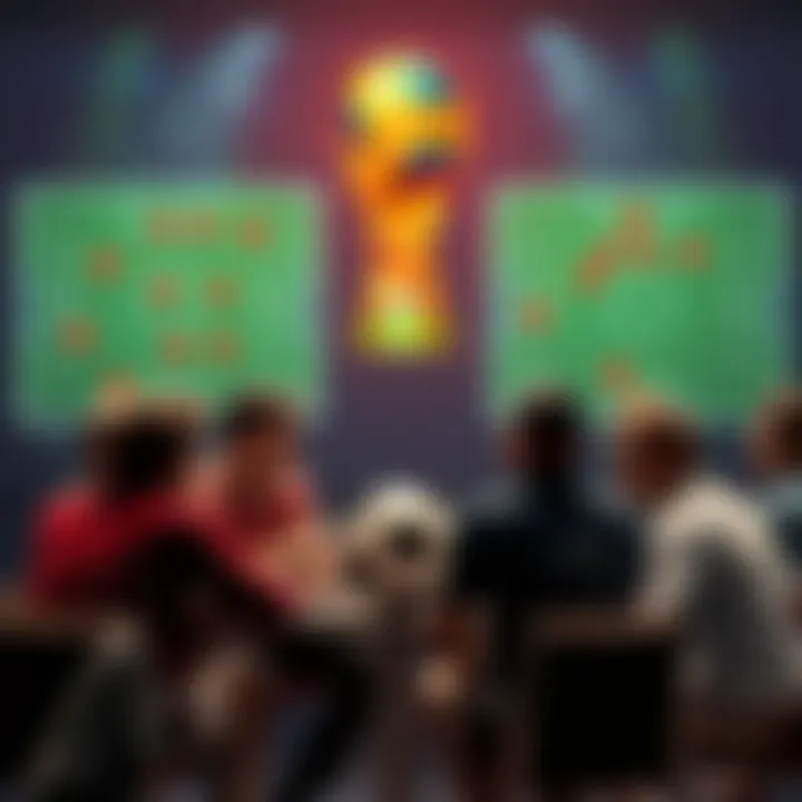 A group of people discussing betting strategies for the World Cup 2026, with a football and game charts in the background.