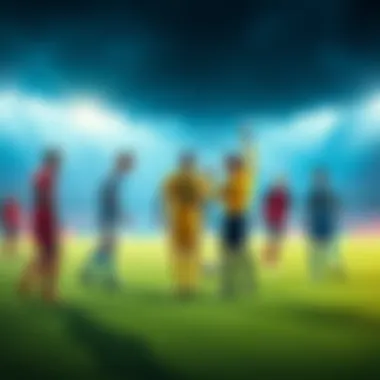 A soccer field with players discussing controversial calls during a match in World Cup Round 16