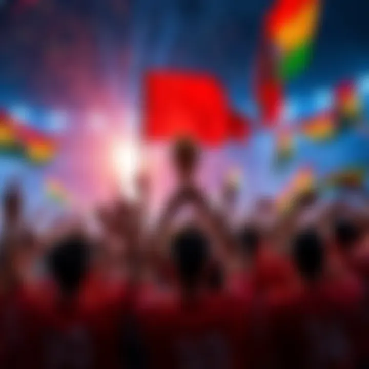 Celebration at World Cup Victory A group of fans cheering and celebrating after their team's World Cup win, holding flags and banners.