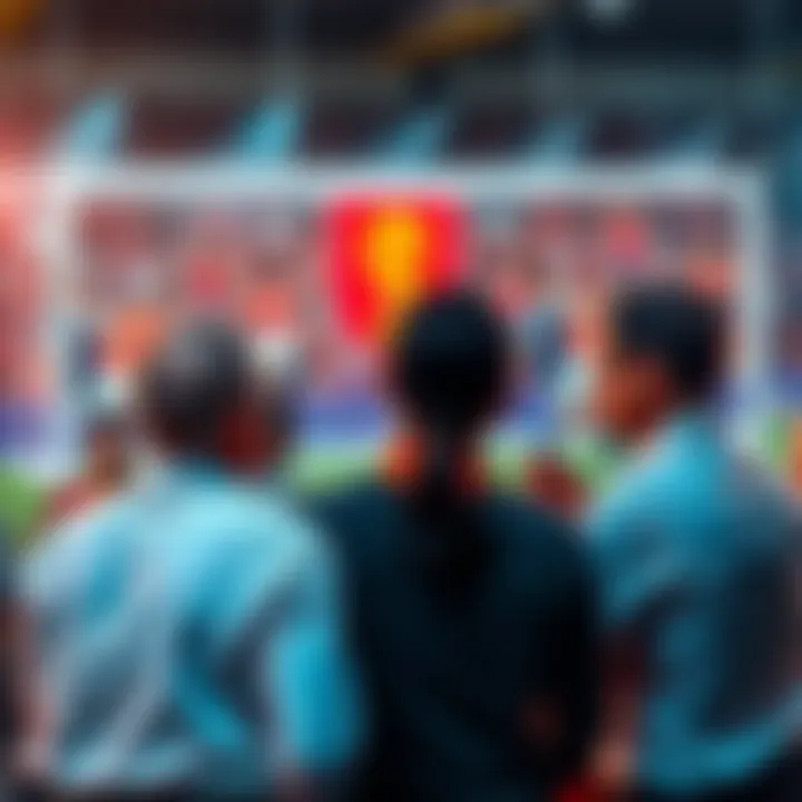 People engaging in a discussion about World Cup betting strategies with soccer imagery in the background
