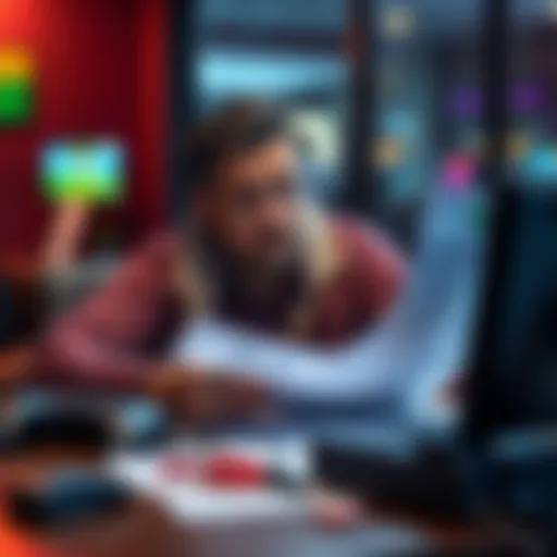 A person sitting at a table, looking worried while reviewing financial documents related to gaming losses. There are gaming-related items nearby.
