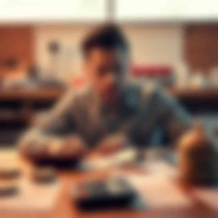 A man with a distressed expression sits at a table covered in betting slips and a calculator, reflecting his frustration over betting losses.