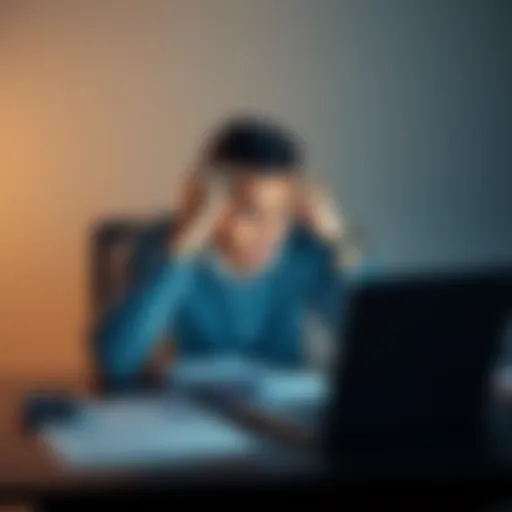 A young man in his late 20s sits at a table, looking stressed while reviewing financial documents and a laptop. He has his head in his hands, indicating concern over recent financial losses.