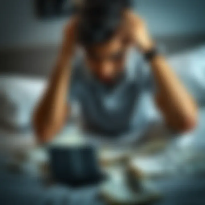 Young man looking worried about money A young man with a distressed expression, holding his head in his hands while sitting on a bed surrounded by bills and an empty wallet