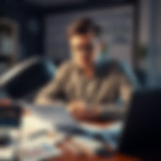 Man looking worried about investments A concerned man sitting at a desk with financial charts and documents spread out, looking stressed about his investment losses.