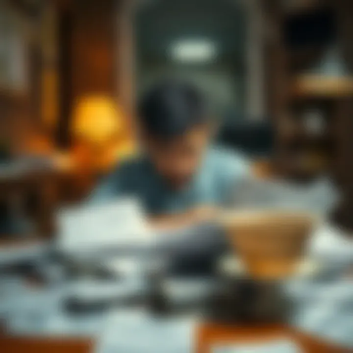 A person sitting at a table covered with bills and overdue notices, showing signs of stress and concern about their financial situation