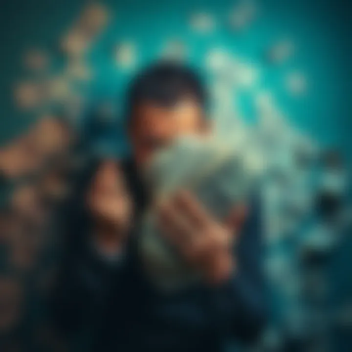 Person looking worried with bills A person holding their head in distress surrounded by scattered bills and rejection letters, symbolizing financial loss from a scam.