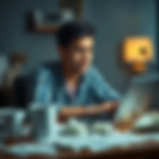 A person sitting at a desk with a concerned expression, staring at a laptop screen, surrounded by empty coffee cups and crumpled papers, reflecting the stress of losing money in gambling.