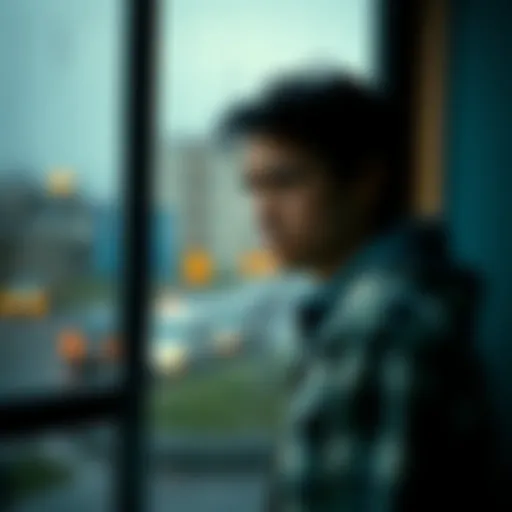 A person standing by a window with a frown, looking out at the rain, feeling overwhelmed by the day ahead.