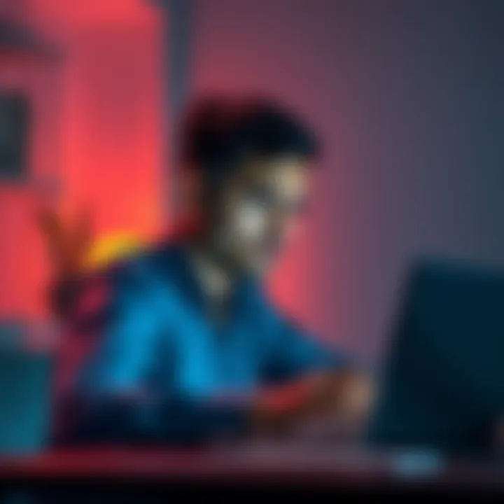 A person sitting at a desk, looking worried while reading about a website on a laptop, with a concerned expression