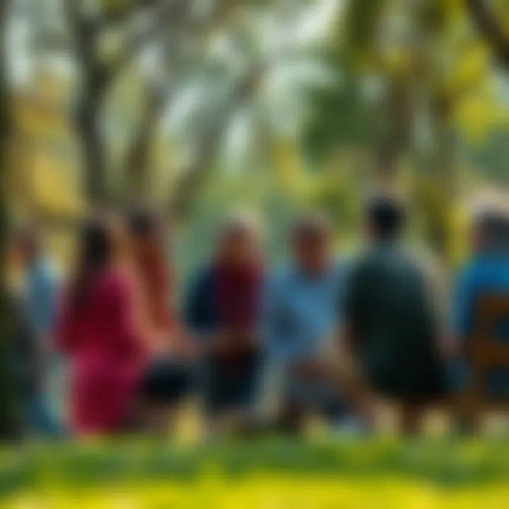 A group of concerned residents discussing their worries about the city's future in a park